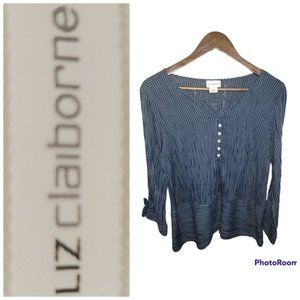 Liz Claiborne- Womens Blue&White Striped shirt/3/4 sleeve bow tie cuff/Size M